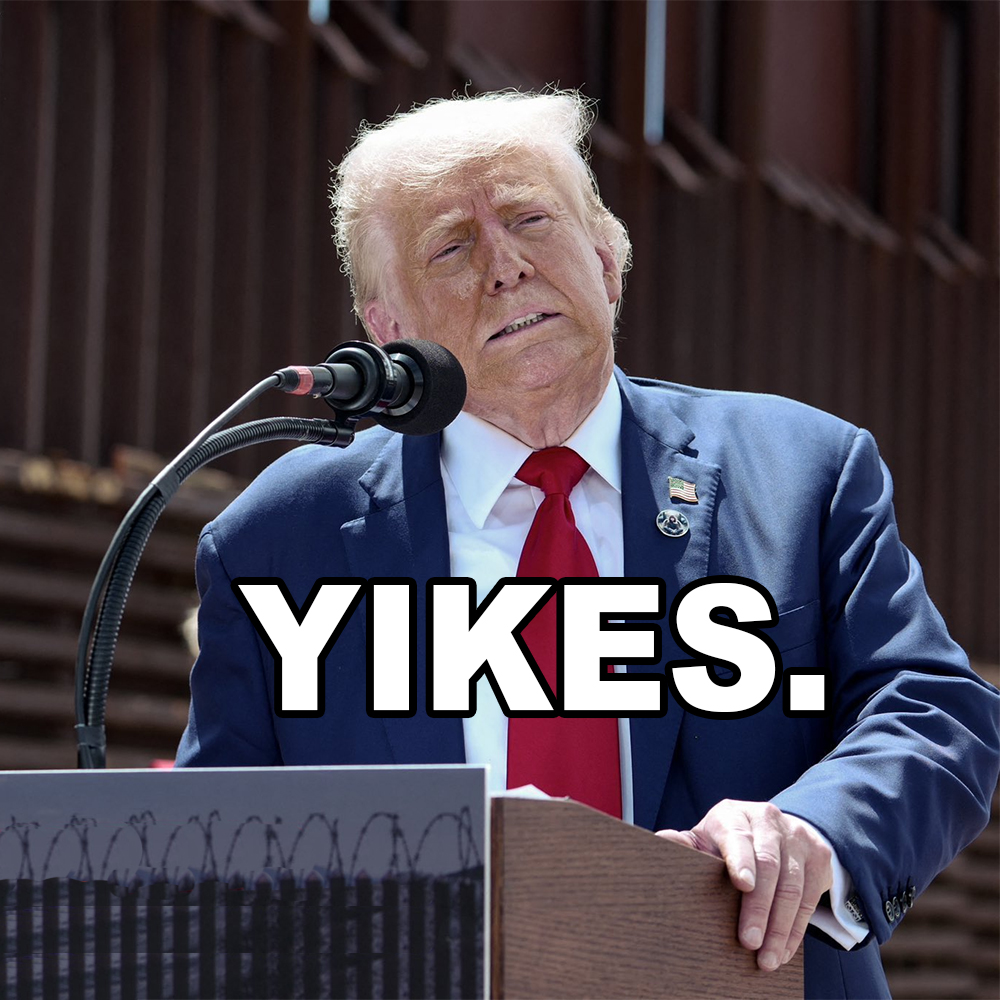 Donald Trump at a podium looking old, sad and messy. Text over the image reads "yikes."